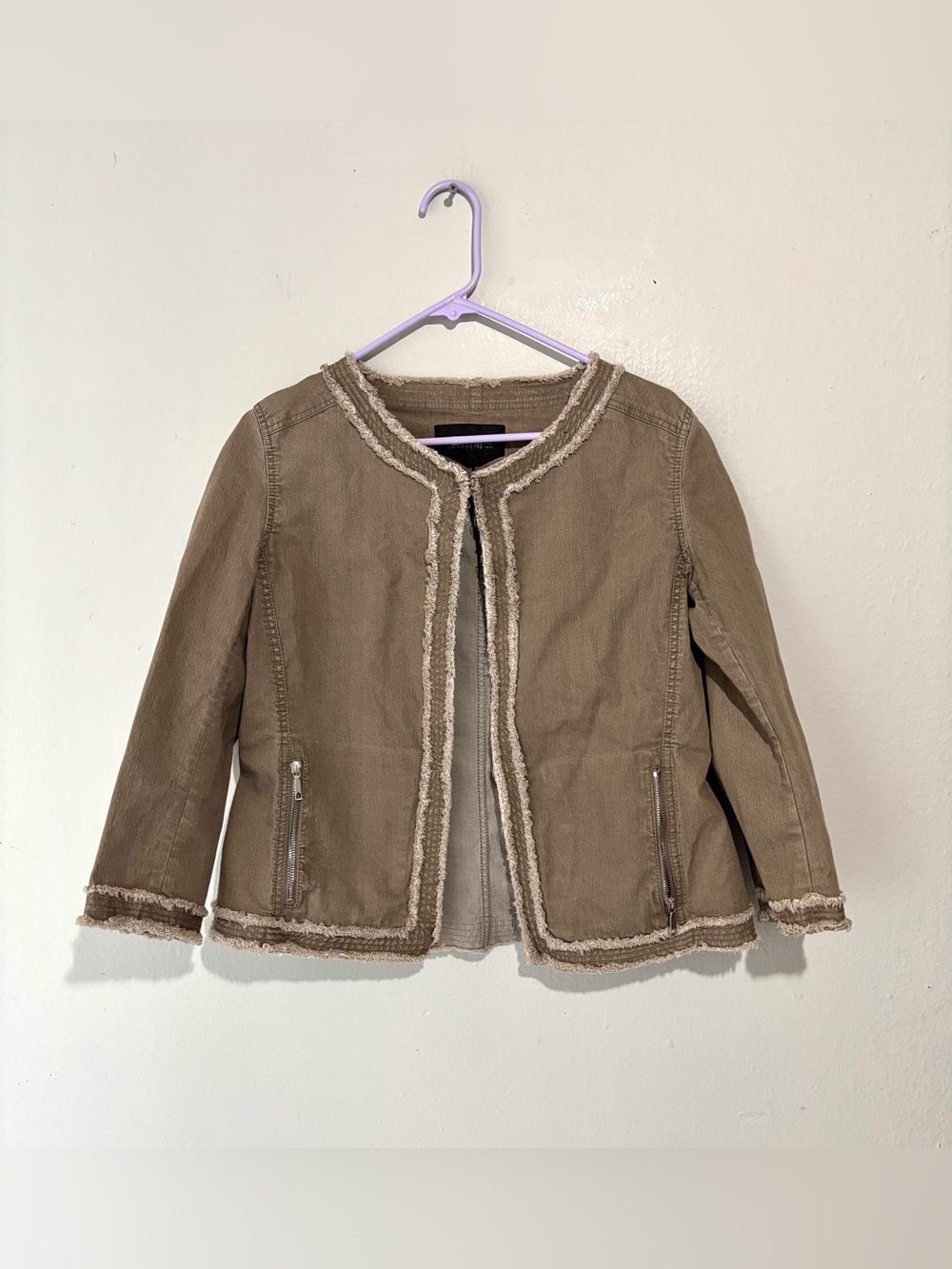 Lafayette 148 Cropped Fringe Open Front Beige Jacket Lightweight Size M